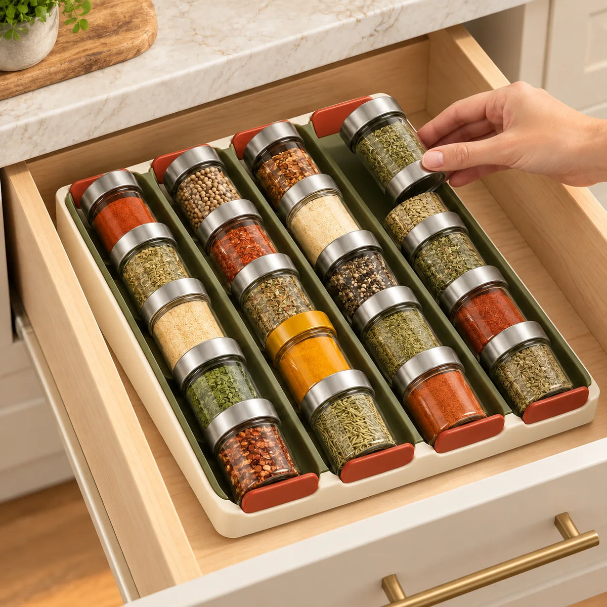 In-Drawer Spice Tray — in use